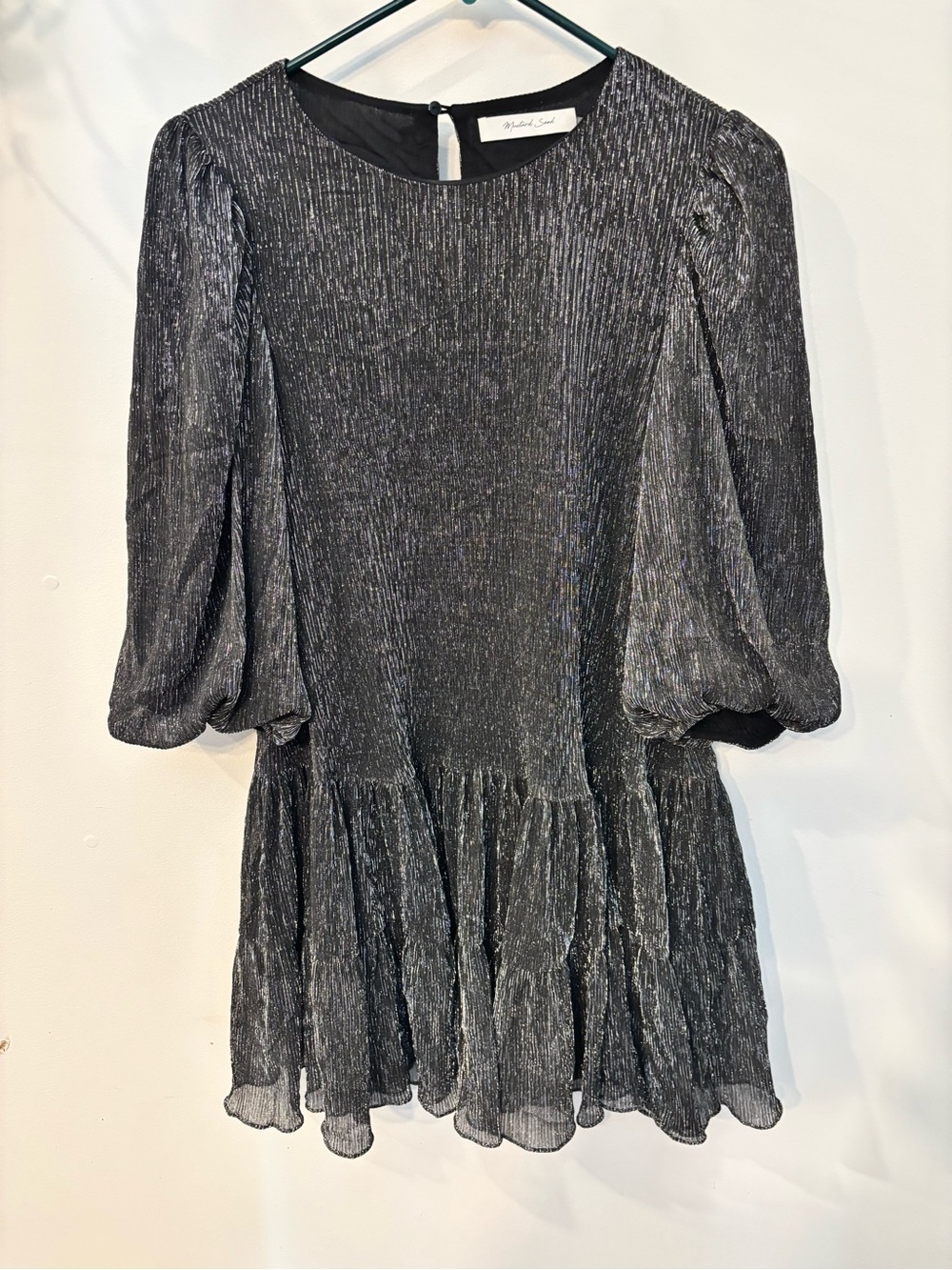 Mustard Seed Shimmery Black Puff-Sleeve Mini Dress